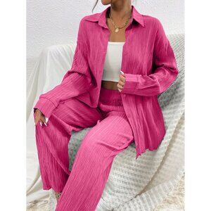 2 piece set: button down shirt & wide leg pants textured hot pink